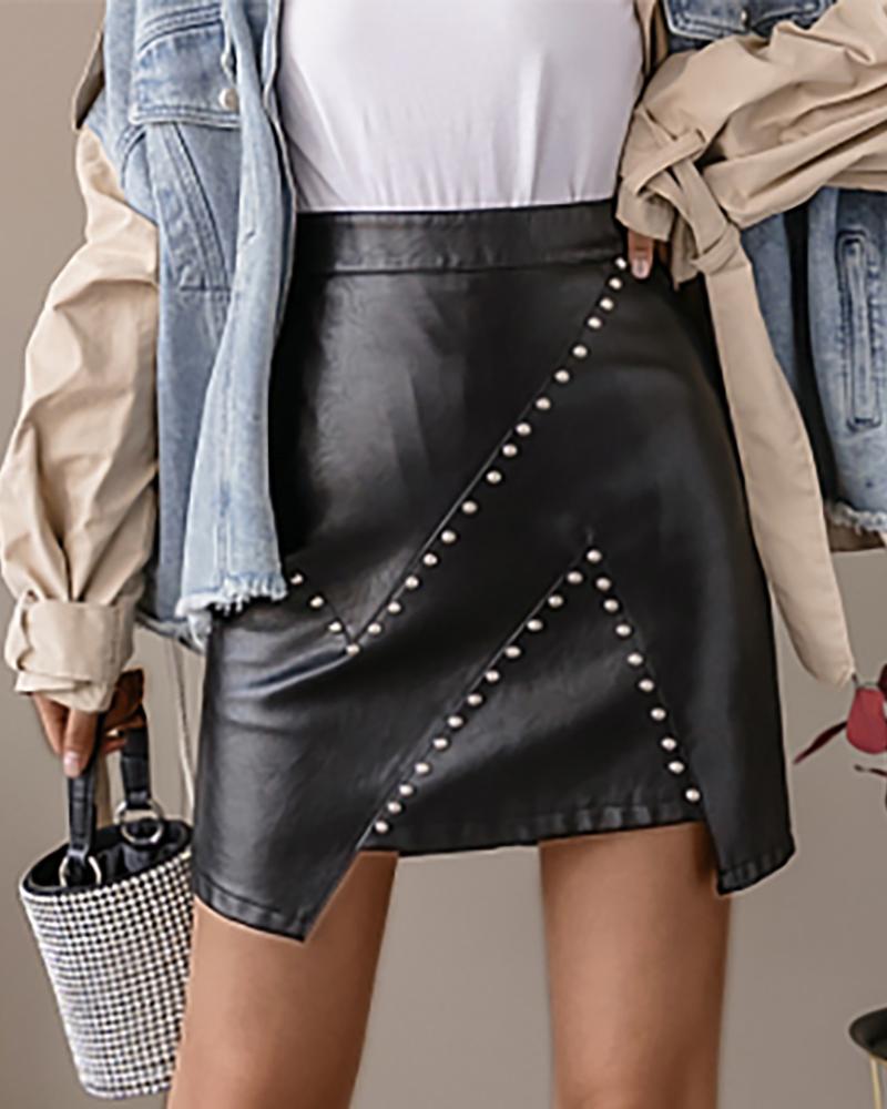 

Studded High Wasit PU Leather Skirt, Black