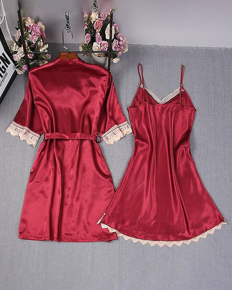 

Satin Lace Trim Cami Dress & Robe Set, Wine red