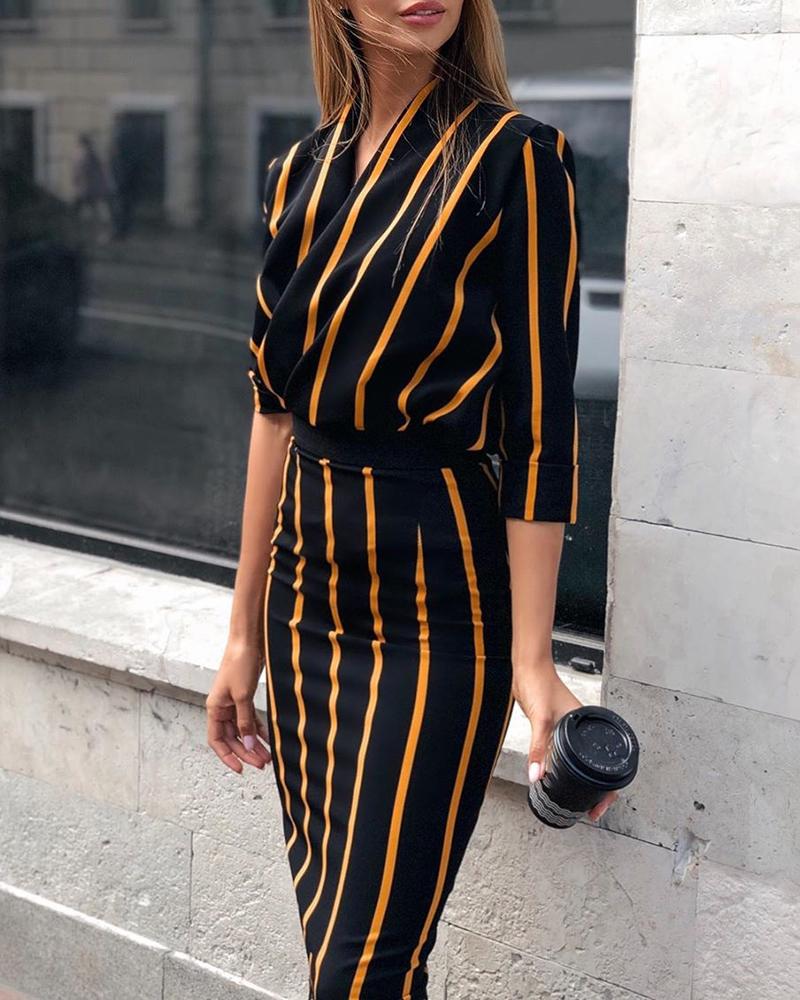

V Neck Striped Tight Waist Slinky Dress