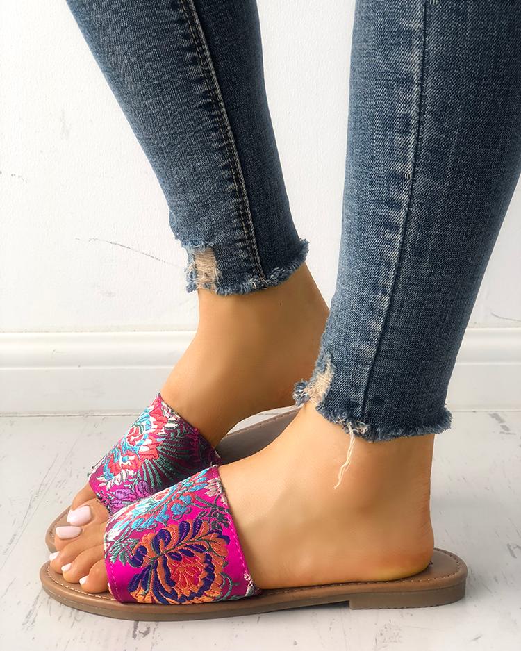 

Floral Embroidery Single Strap Open Toe Slipper, Hot pink