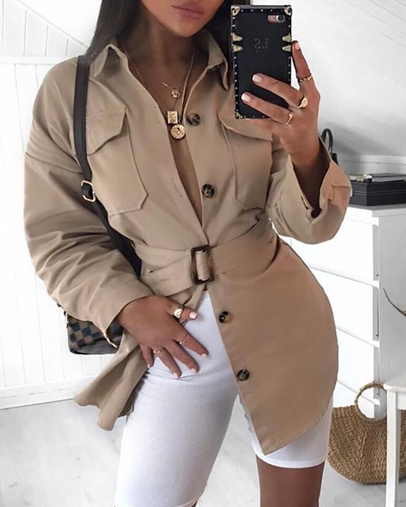 

Solid Buttoned Pocket Design Cargo Coat, Khaki