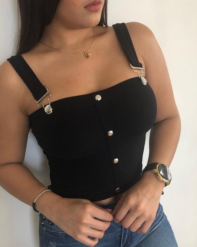 

Buckled Plain Thick Strap Crop Top, Black