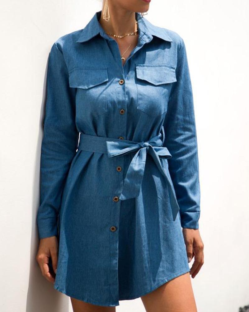 

Waist Tie Denim Shirt Dress, Blue