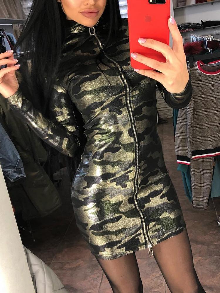 

Camo Zip Up Long Sleeve Dress, Army green