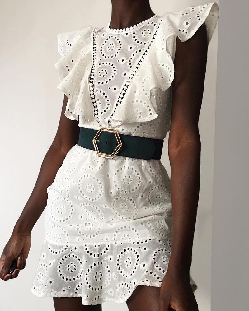 

Hollow Out Ruffles Design Casual Dress, White