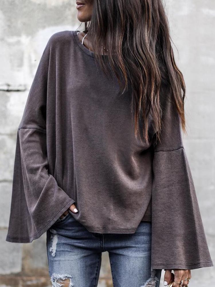 

Round Neck Bell Sleeve Casual Blouse