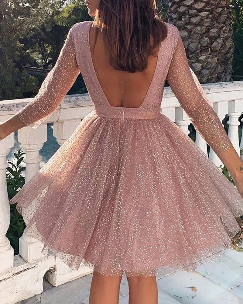 

Glitter Sequins Mesh Overlay Pleated Dress, Pink