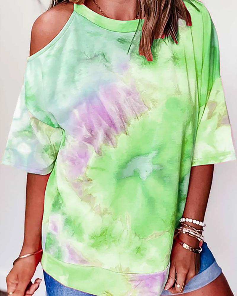 

Cold Shoulder Tie Dye Print Casual T-shirt, Green