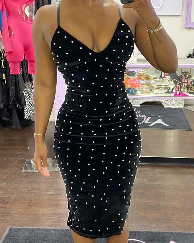 

Spaghetti Straps Velvet Beaded Dress, Black