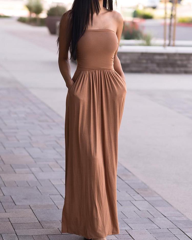 

Solid Pocket Strapless Pleated Maxi Dress, Brown