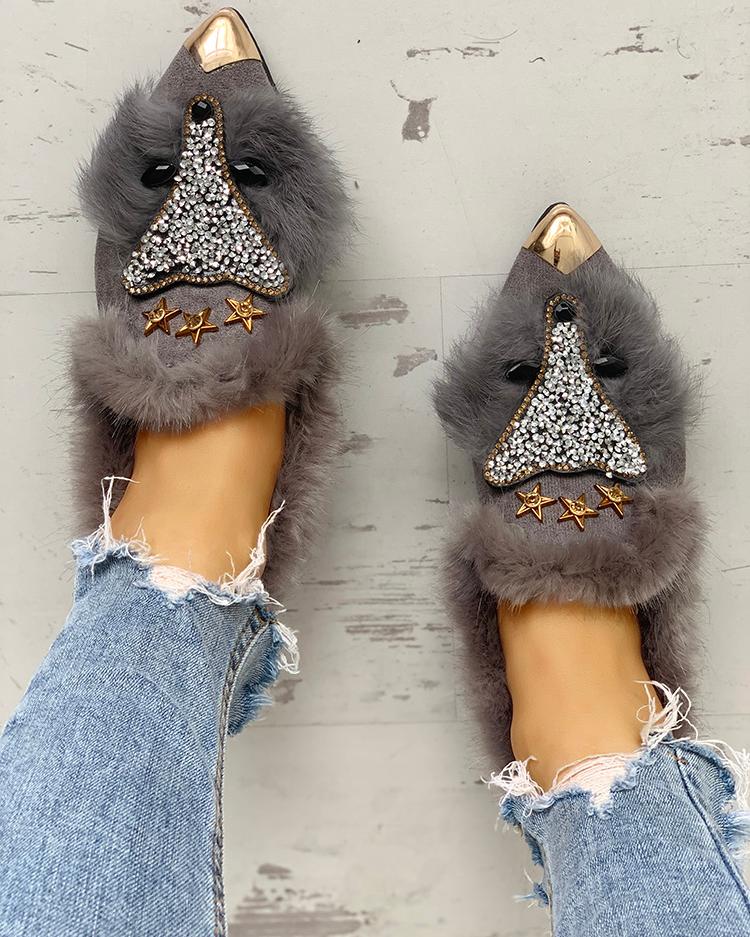 

Fluffy Gem-Studded Pointed Toe Flat Shoes, Gray