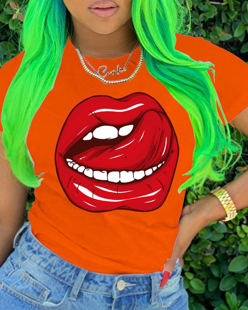 

Lip Print Short Sleeve Casual T-shirt, Orange