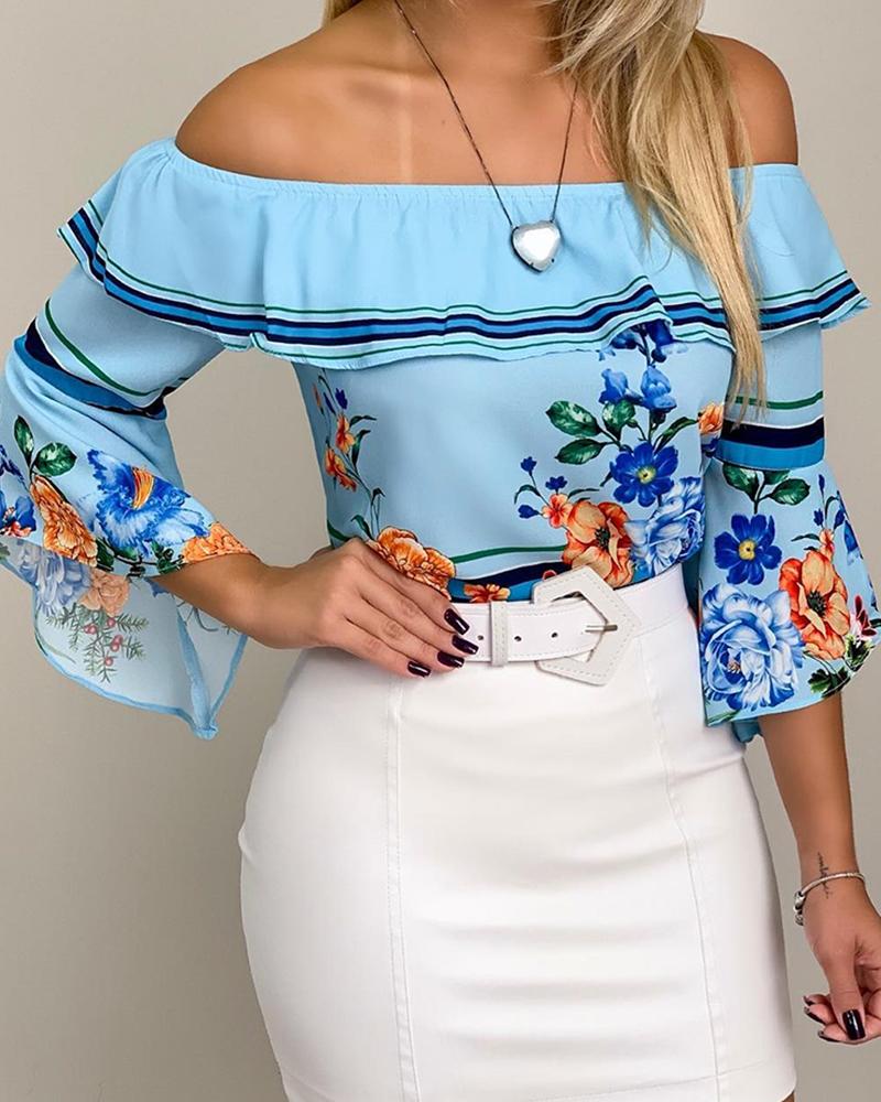 

Off Shoulder Bell Sleeve Floral Print Ruffles Blouse, Blue