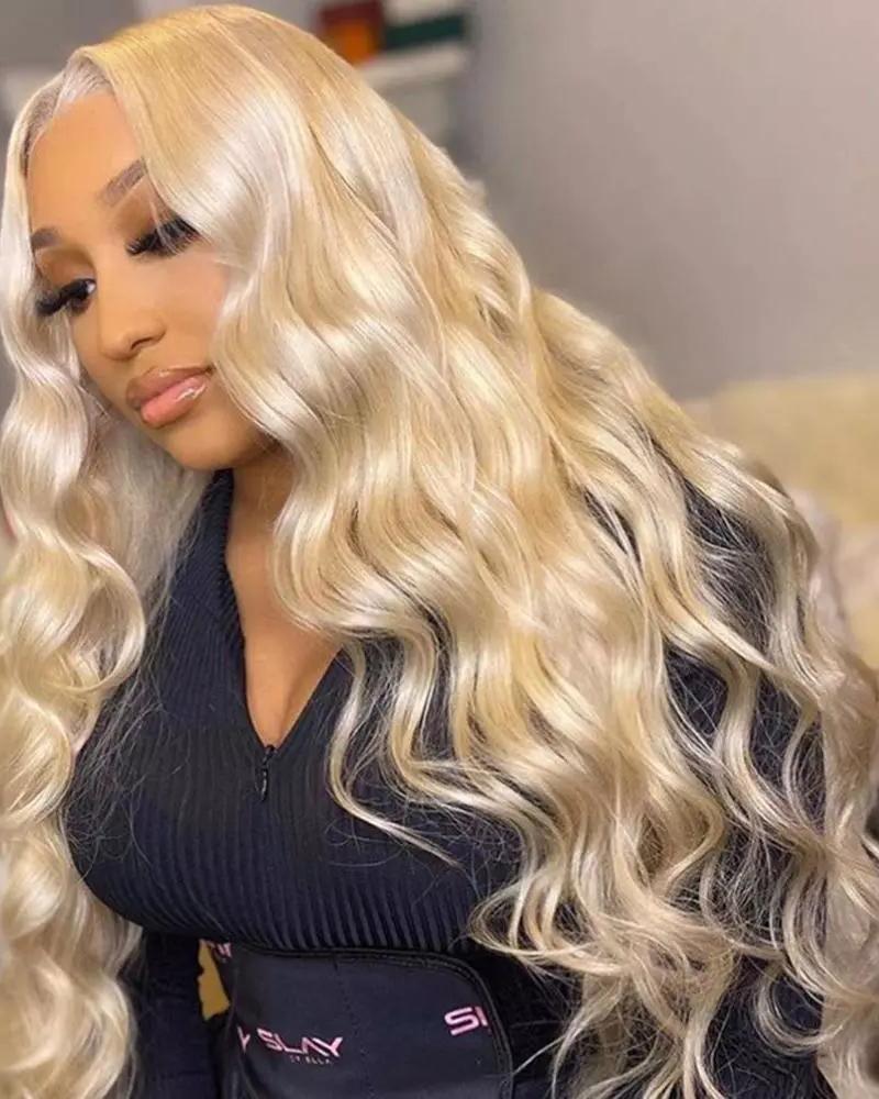 

Lace Frontal Human Hair Wig Blonde Body Wave T Part Lace Front Wig, Gold