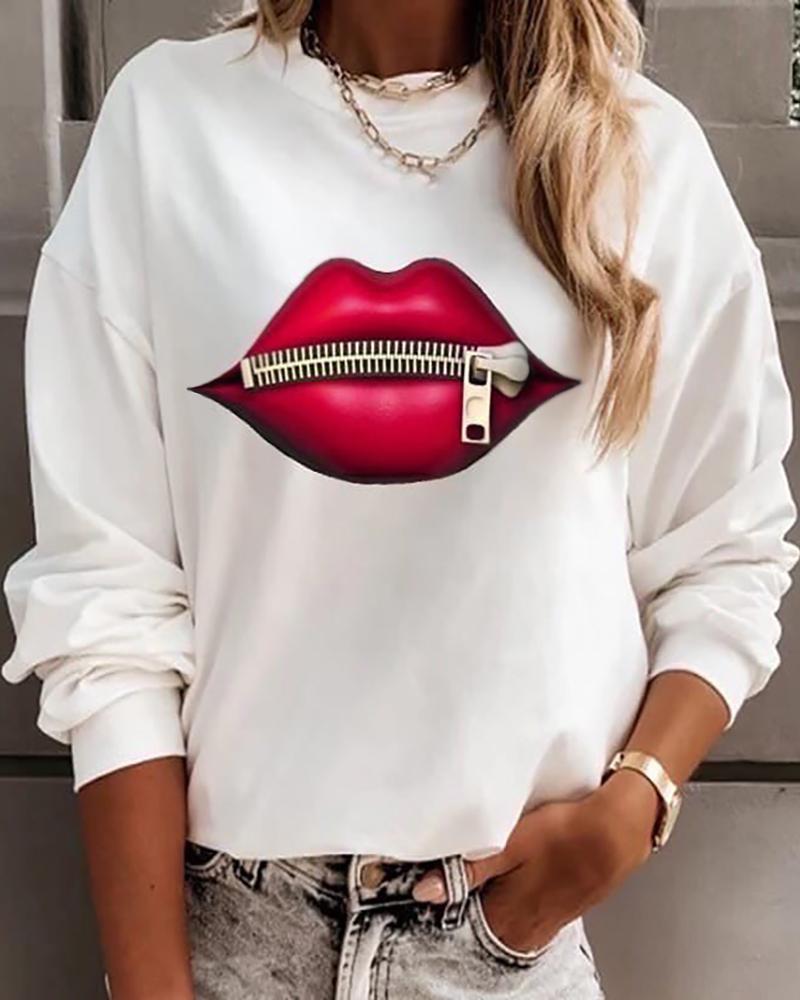 

Lip Zipper Design Casual Sweatshirt, White