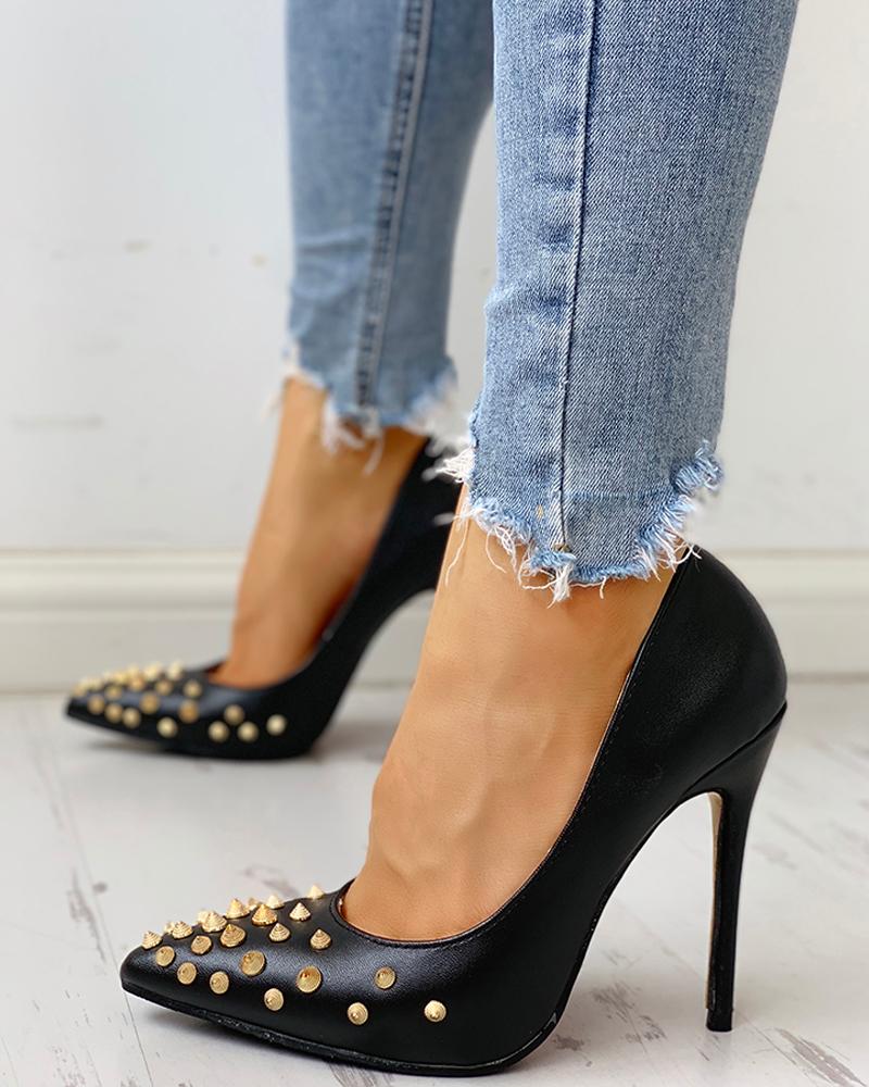 

Rivets Embellished Pointed Toe Thin Heels, Black