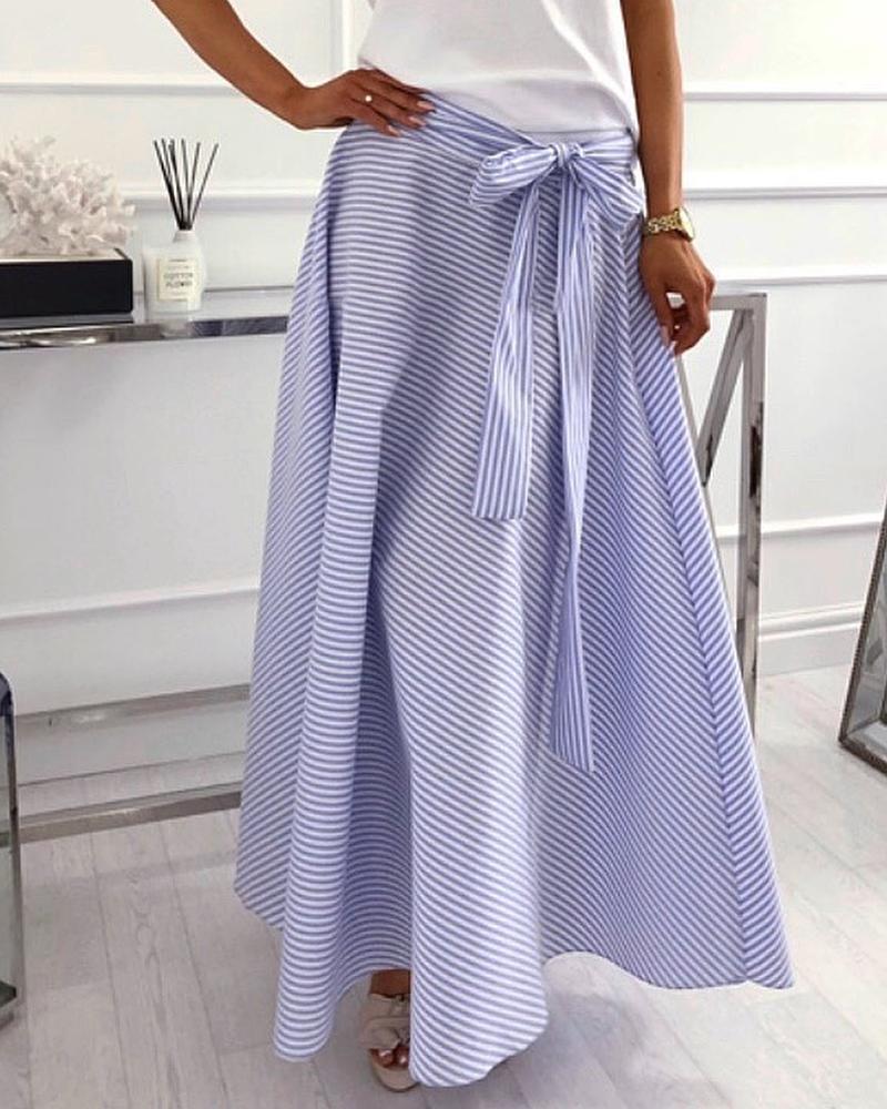 

Striped Bowknot Design Skirt, Light blue