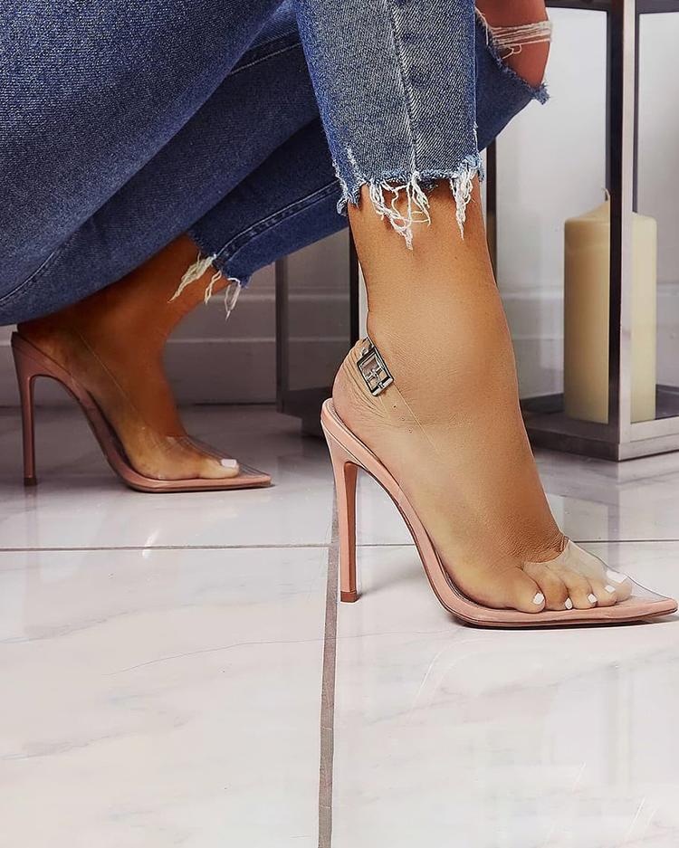 

Transparent Pointed Toe Buckle Thin Heels, Apricot