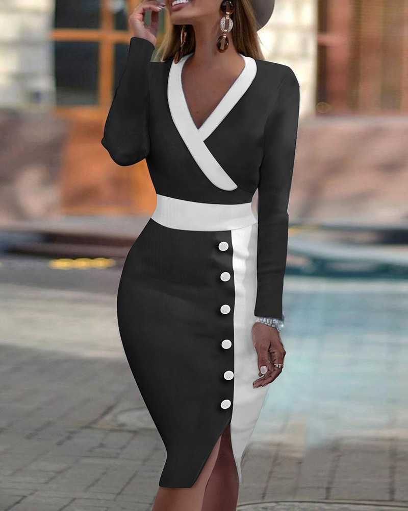 

Colorblock Button Design Slit Long Sleeve Dress, Black