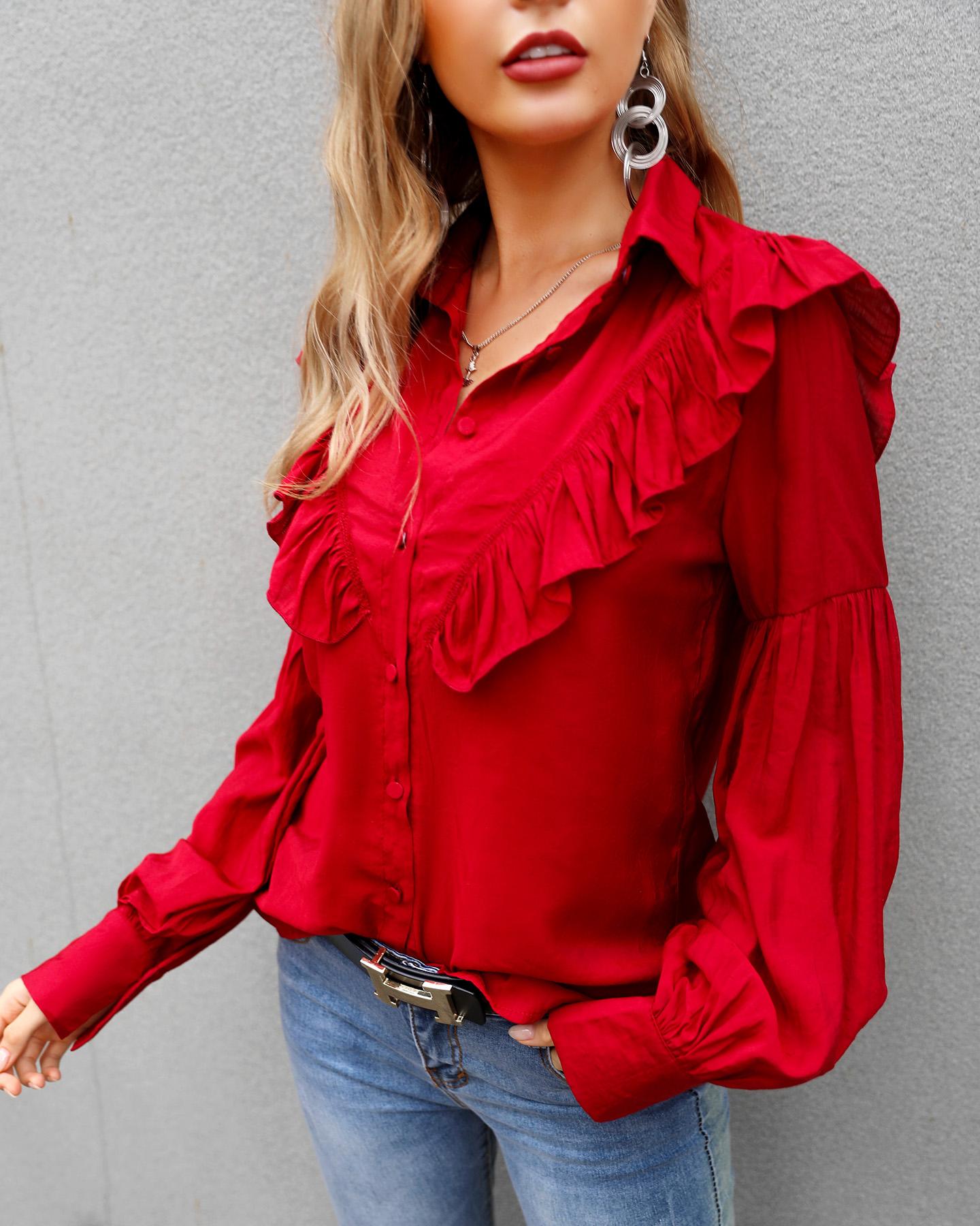 

Lantern Sleeve Ruffles Design Casual Blouse, Hot pink