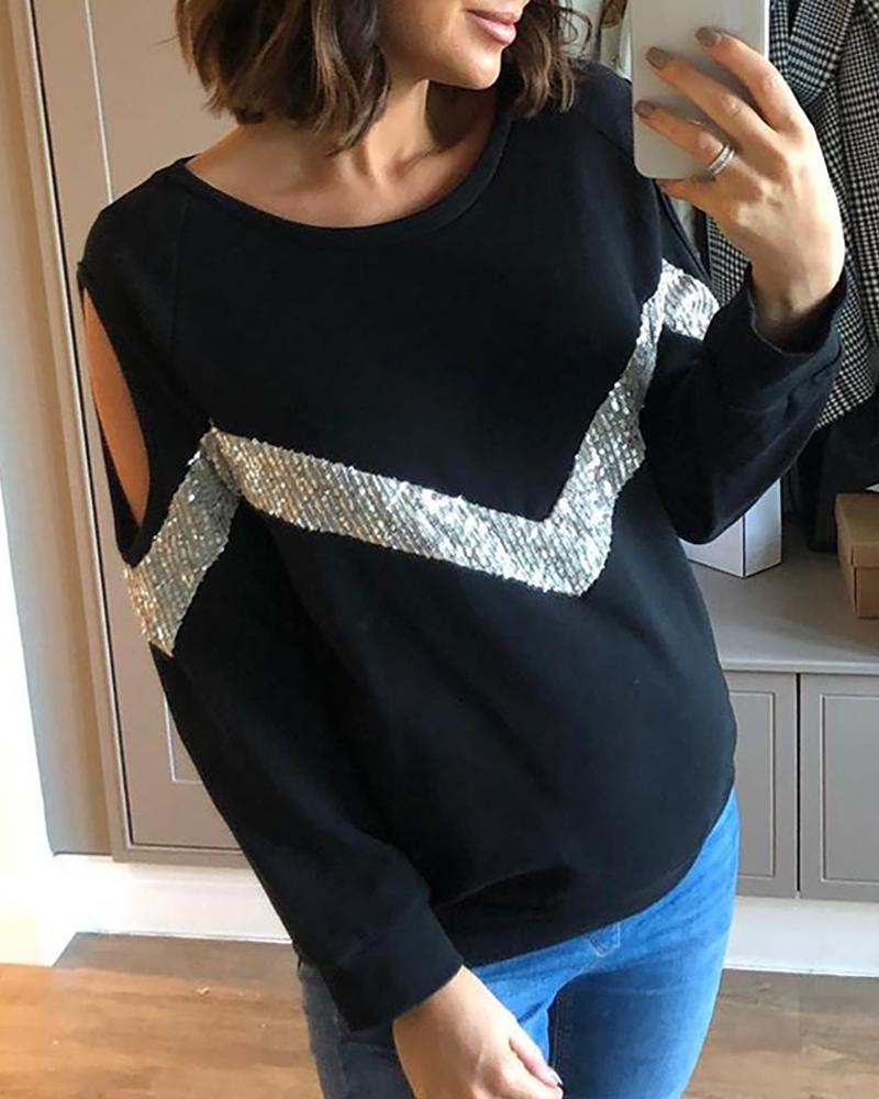 

Sequin Patchwork Cold Shoulder Pullover Blouse, Black