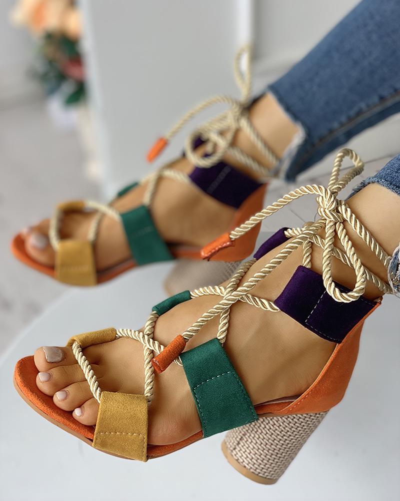 

Colourblock Lace-up Chunky Heels Open Toe Sandals, Orange