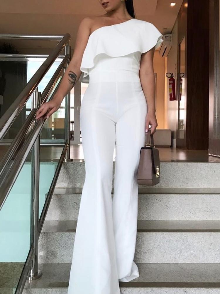 

Solid Flounce Skew Neck Flared Jumpsuit