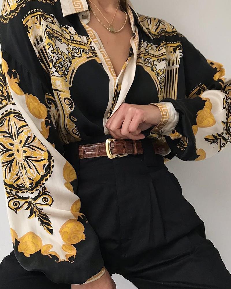 

Baroque Print Lantern Sleeve Casual Shirt