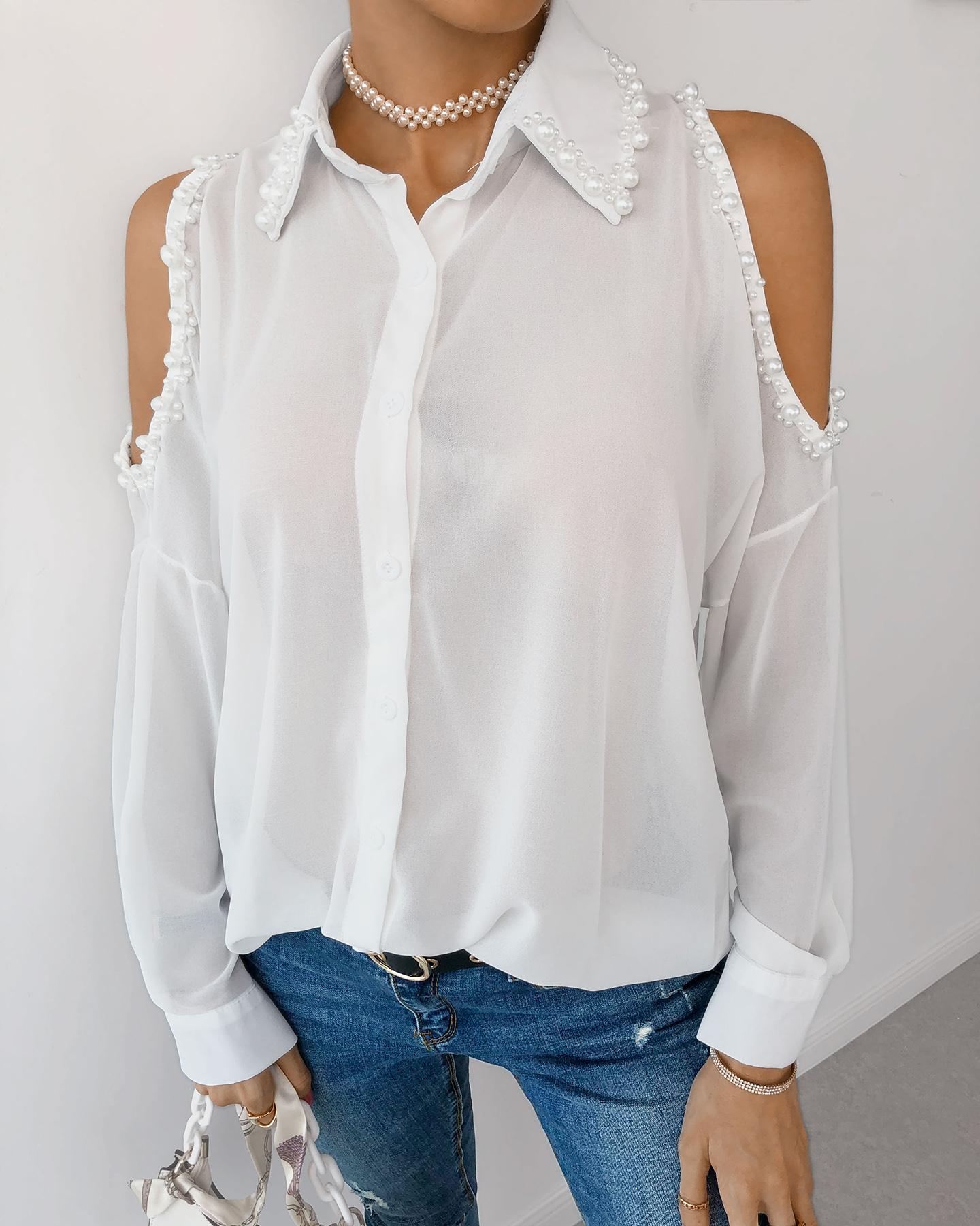 

Cold Shoulder Beaded Button Design Top, White