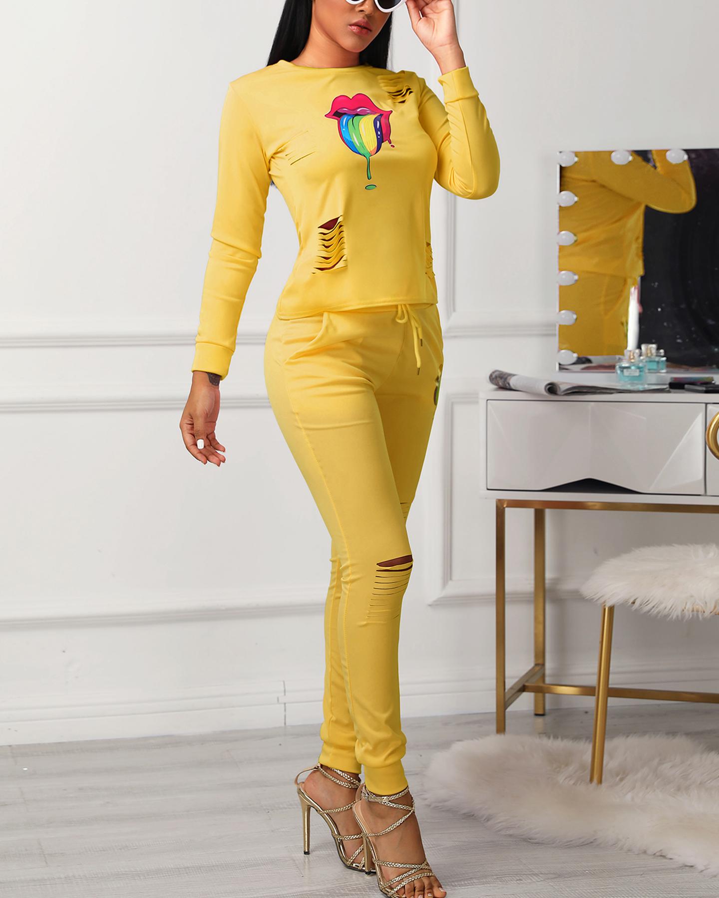 

Mouth Pattern Ribbed Tracksuit, Yellow
