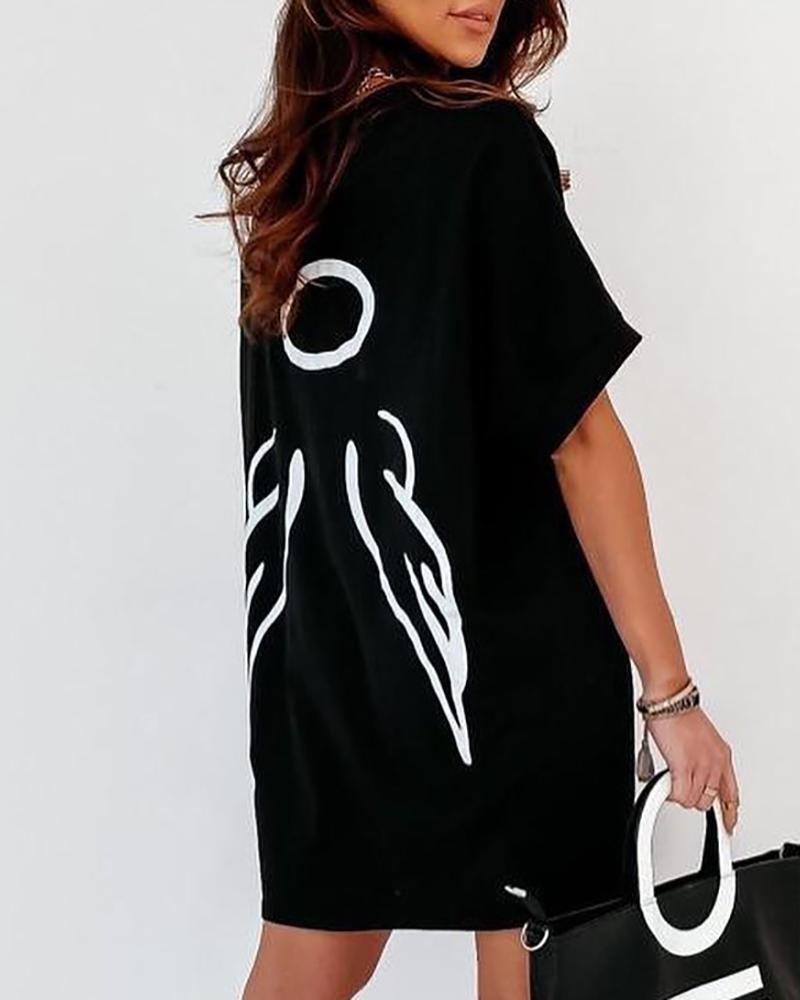 

Wings Print Short Sleeve Casual Dress, Black