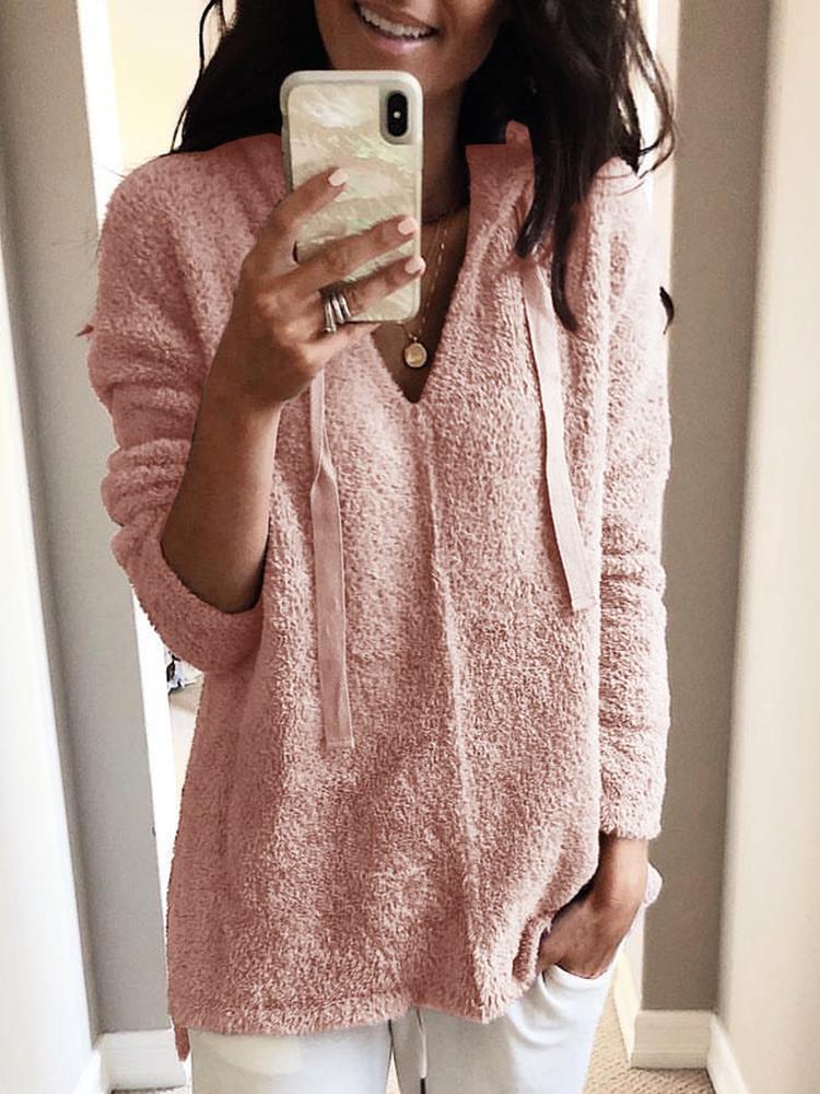 

Solid Fluffy Hooded Long Sleeve Sweatshirt