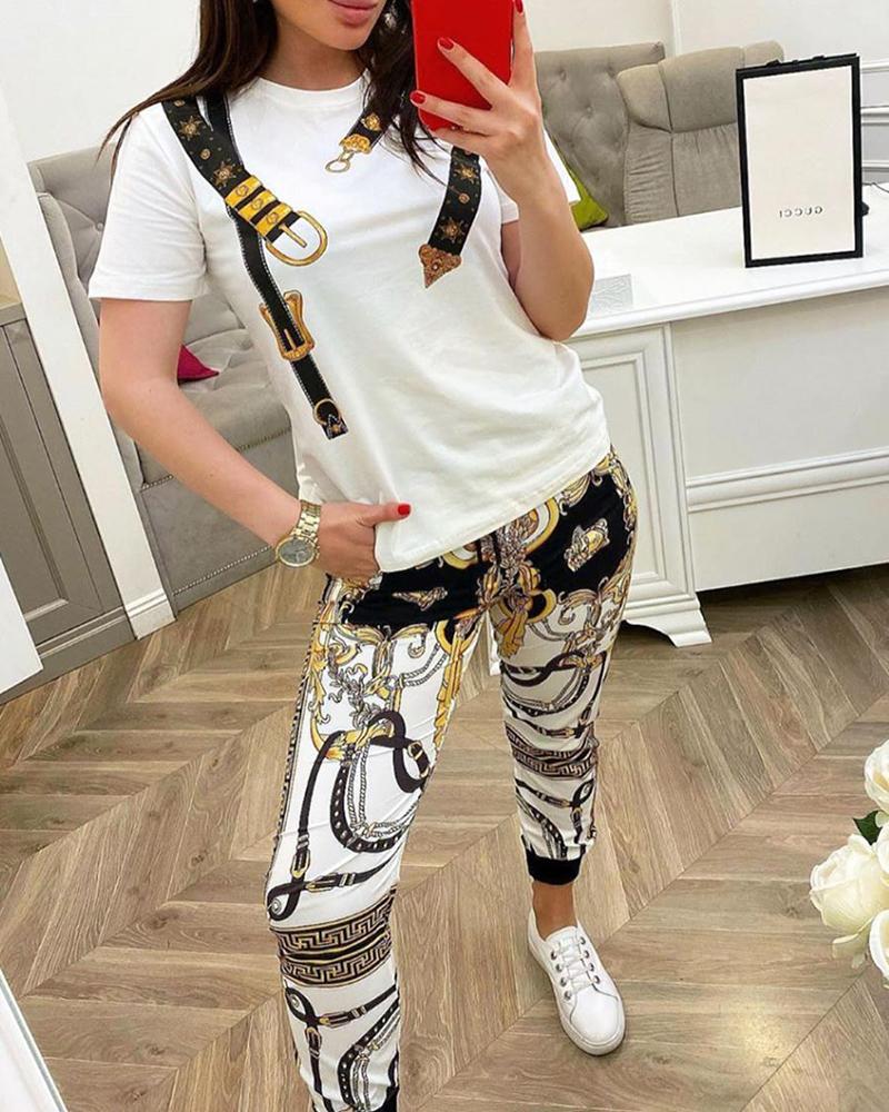 

Belt Print Top & Chain Print Colorblock Pants Set, White