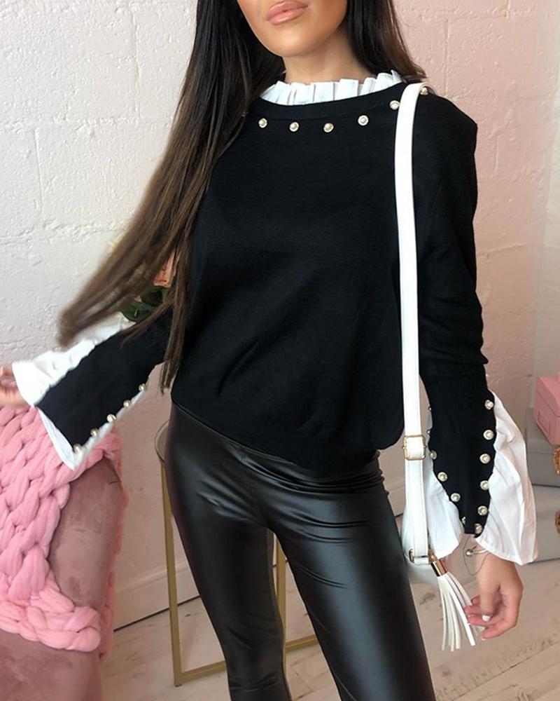 

Beads Embellished Frill Hem Neck Casual Blouse, Black