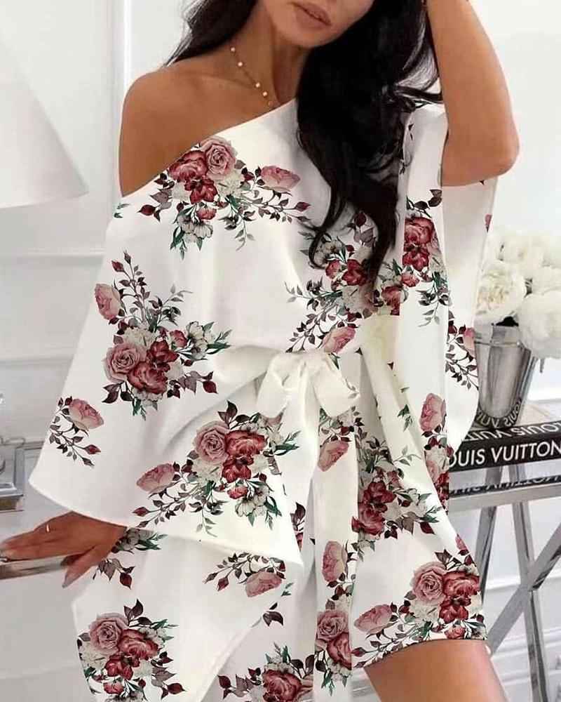 

Cold Shoulder Floral Print Dress, White