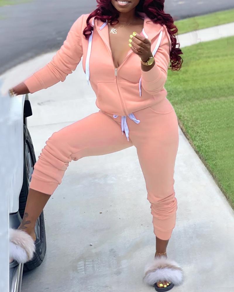 

Hooded Drawstring Zipper Design Sporty Top & Pants Sets, Pink