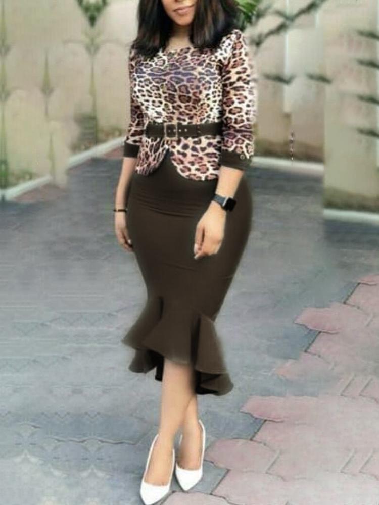 

Leopard Print Splicing Fake Two Piece Fishtail Dress