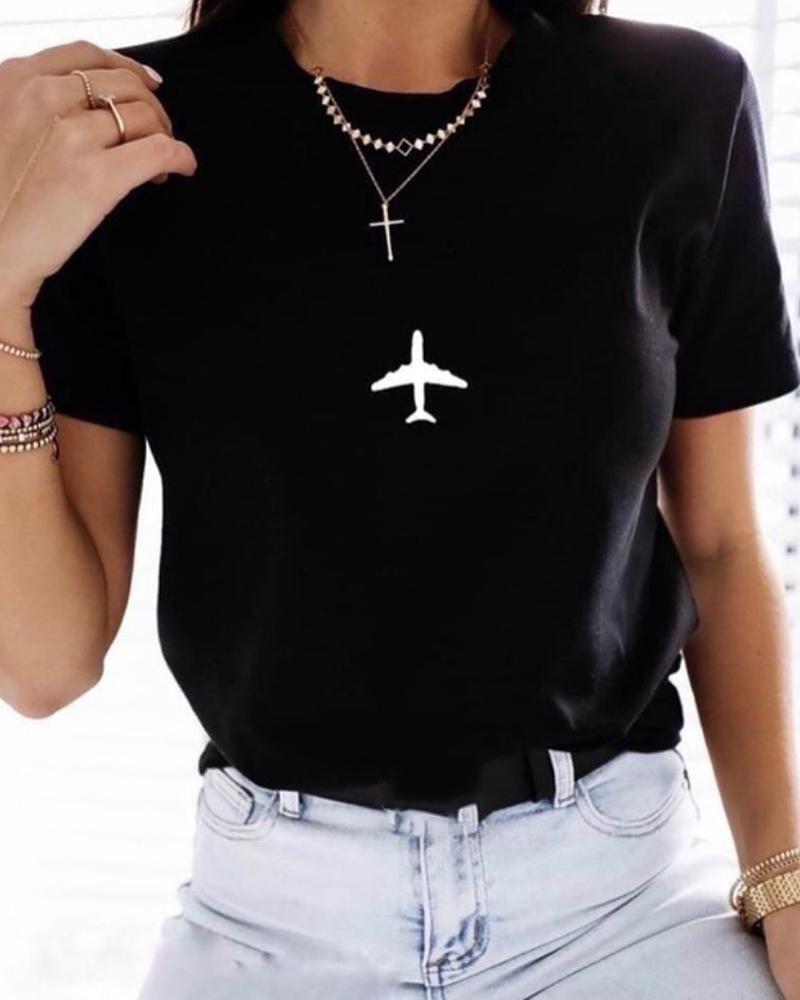 

Plane Print Short Sleeve Casual T-shirt, Black