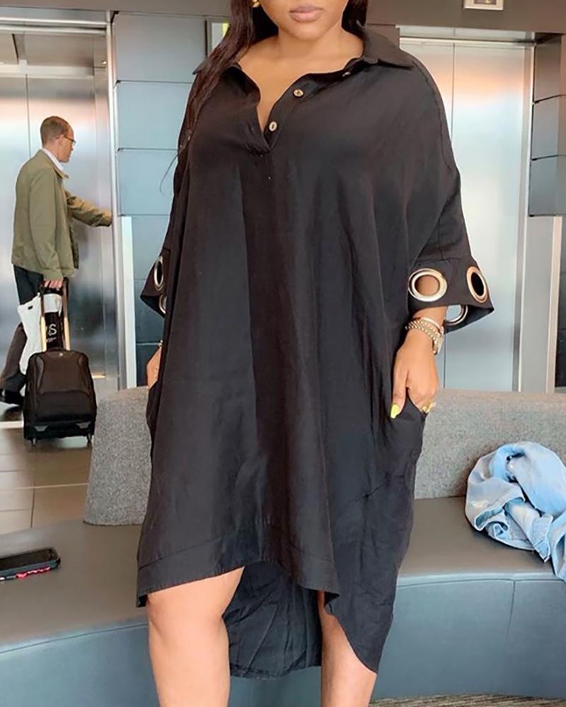 

Solid Long Sleeve O-Ring Detail Shirt Dress