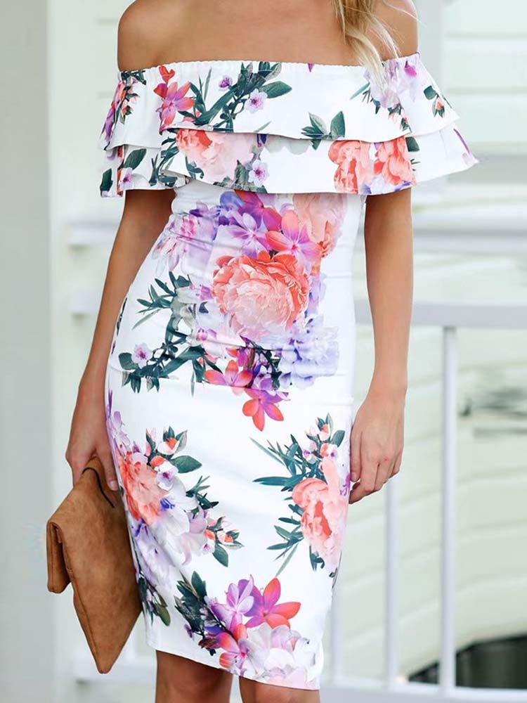 

Women Floral Print Flounce Off Shoulder Sheath Dress