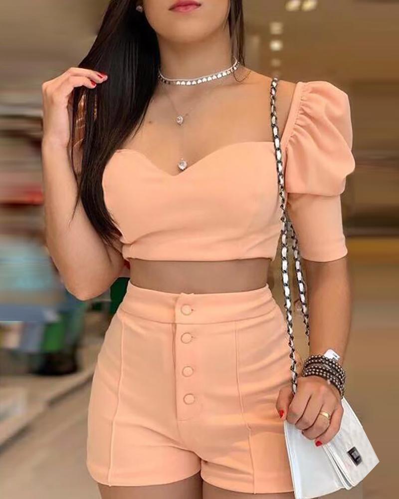 

Puff Sleeve Crop Top & Button High Waist Short, Pink