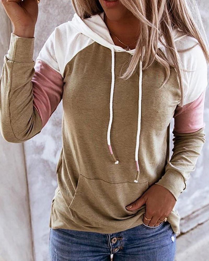 

Colorblock Pocket Design Casual Hooded Top, Khaki