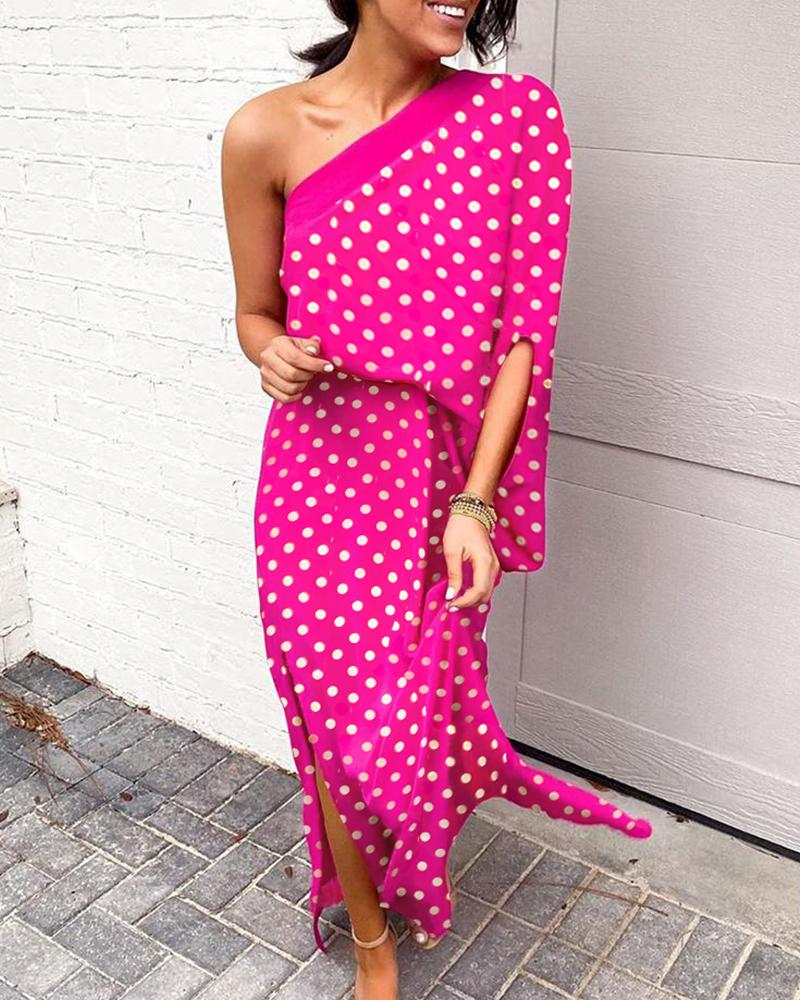 

Dot Print One shoulder Dress, Hot pink