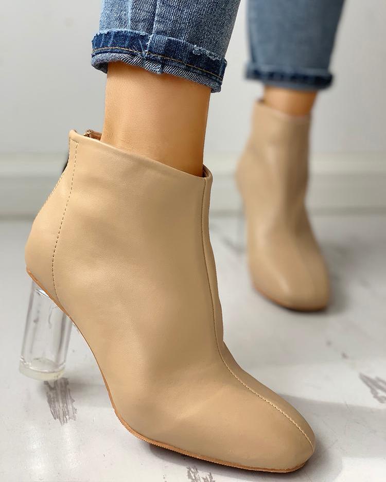 

PU Zipper Up Back Transparent Chunky Heeled Boots, Apricot