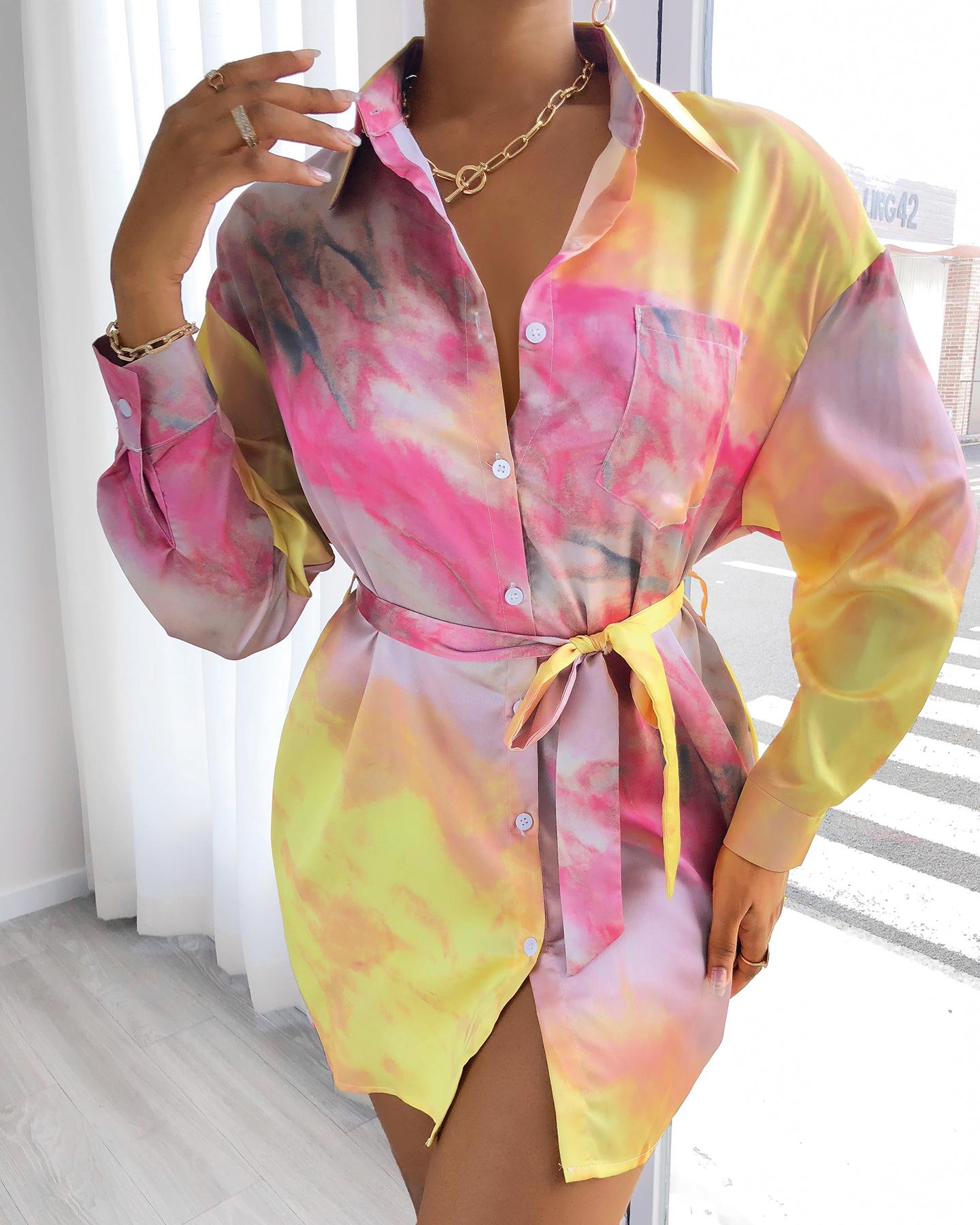 

Tie Dye Print Pocket Design Satin Shirt Dress, Yellow