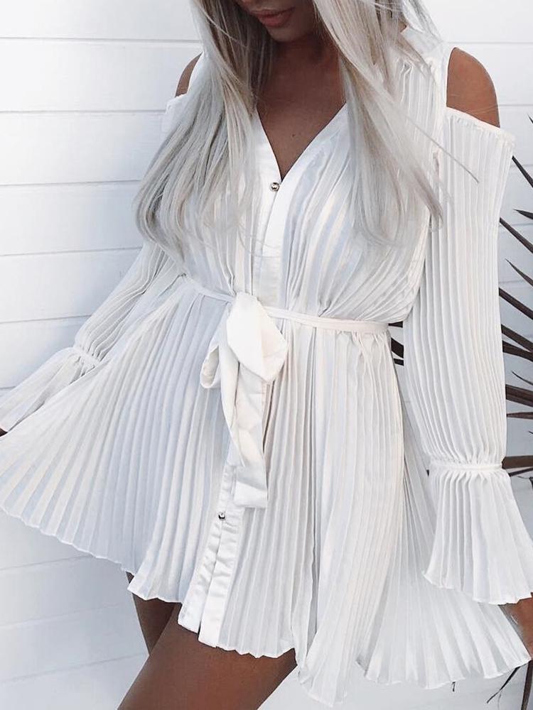 

Cold Shoulder Pleated Shirt Dress, White