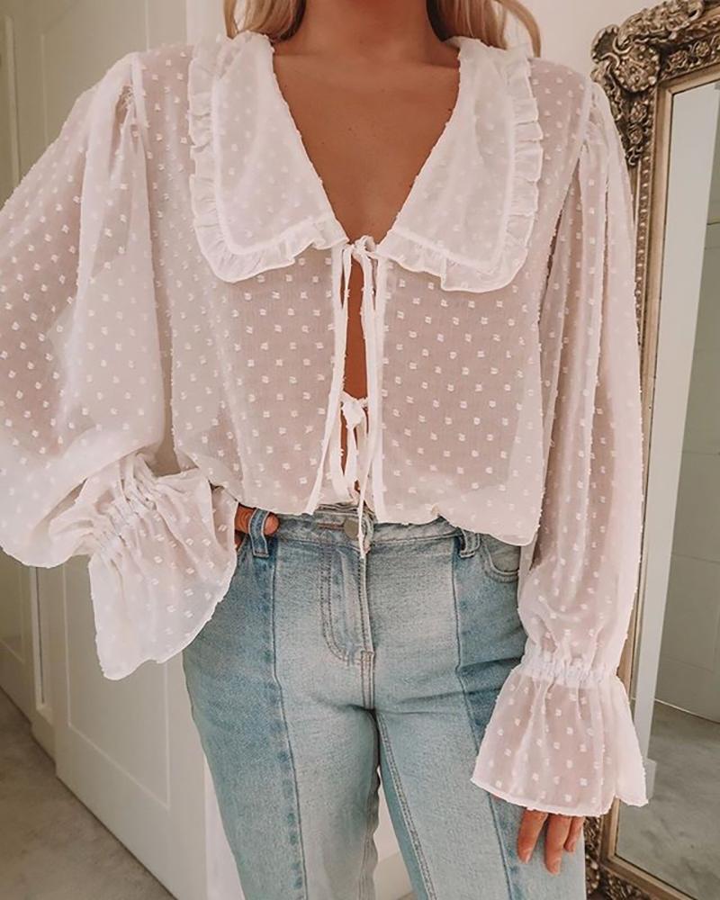 

Swiss Dot Frill Hem V-neck Blouse, White