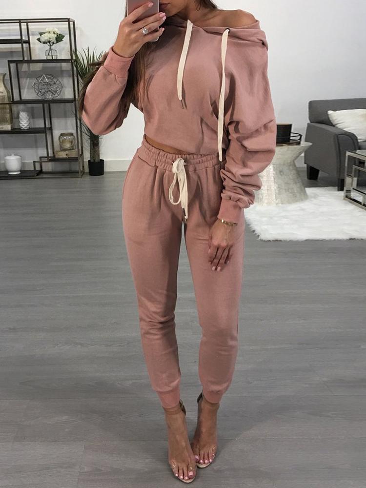 

Drawstring Hoodies Cropped Skinny Suit Set - Pink