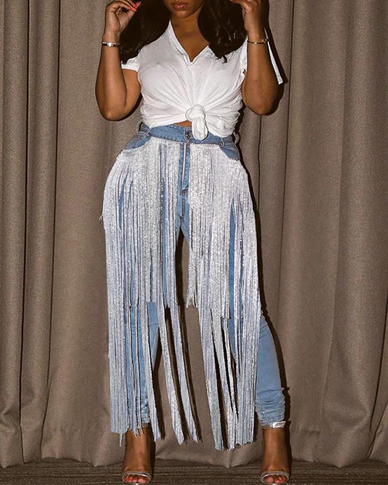 

High Waist Colorblock Tassel Design Slinky Denim Pants
