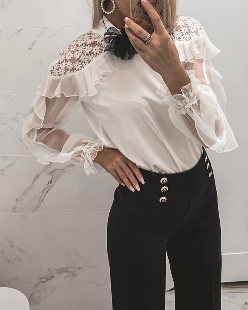 

Mesh Long Sleeve Lace Blouse, White